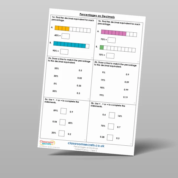 An image of the Percentages as Decimals Varied Fluency Resource