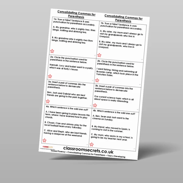 An image of the Consolidating Commas for Parenthesis Varied Fluency Resource