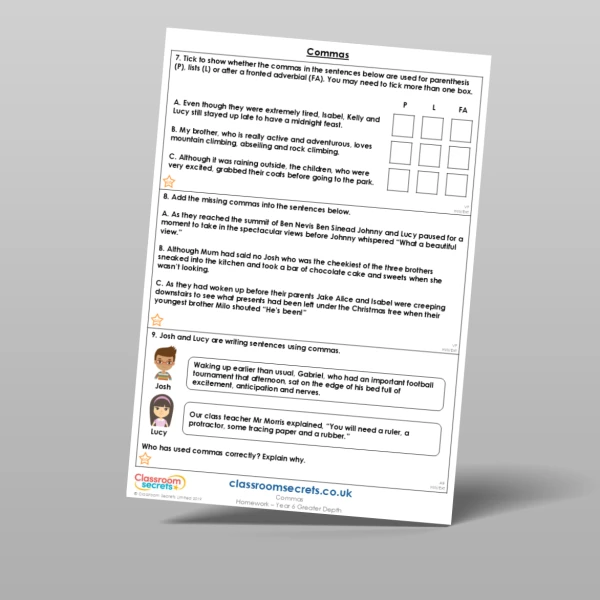 An image of the Commas Homework Resource