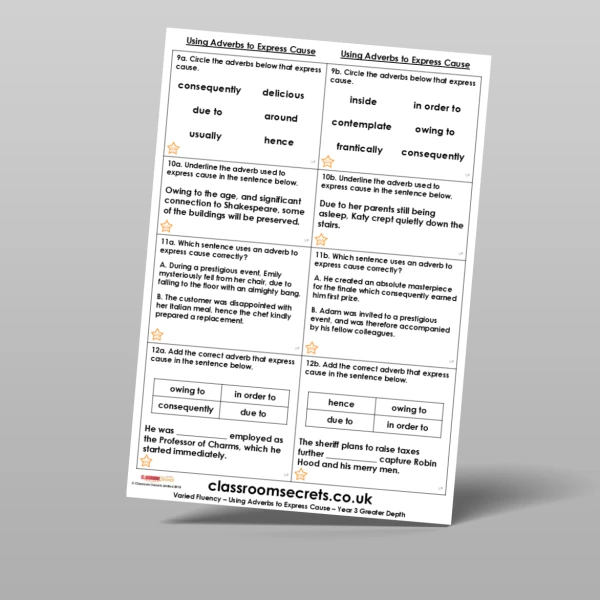 An image of the Using Adverbs to Express Cause Varied Fluency Resource