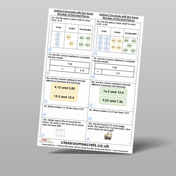 An image of the Subtract Decimals with the Same Number of Decimal Places Varied Fluency Resource