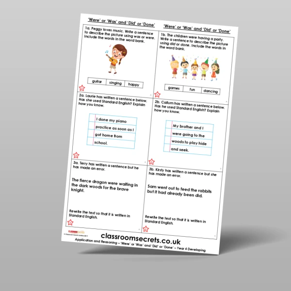 An image of the Free 'Were' or 'Was' and 'Did' or 'Done' Application and Reasoning Resource