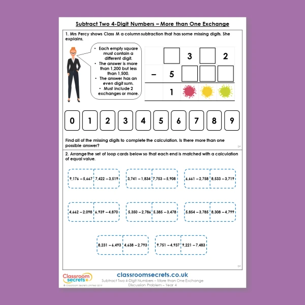 An image of the Subtract Two 4-Digit Numbers - More than One Exchange Deeper Reasoning Discussion Problem Resource