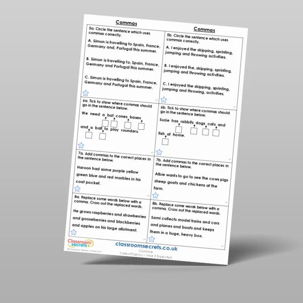 An image of the Commas Varied Fluency Resource