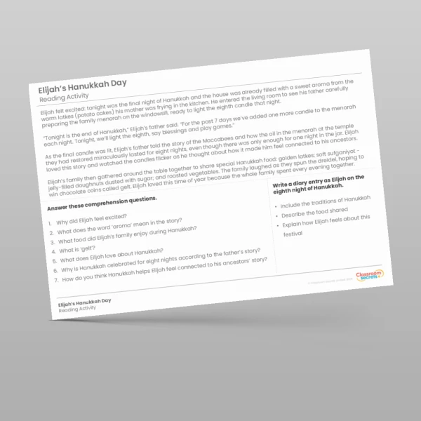 An image of the Hanukkah Reading Activity Resource