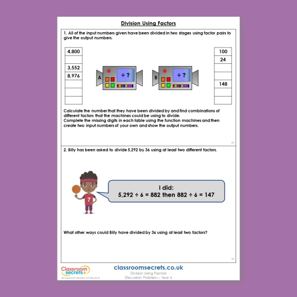 Year 6 Division Using Factors Addition, Subtraction, Multiplication and Division Deeper Reasoning Discussion Problem