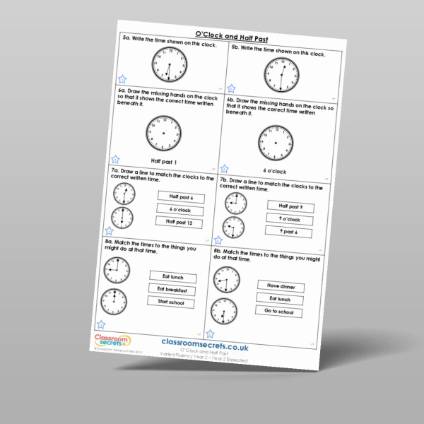 An image of the O'Clock and Half Past Varied Fluency Resource