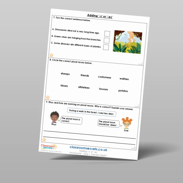 An image of the Adding '-s' or '-es' Homework Resource