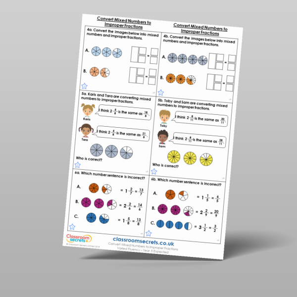 Year 5 Convert Mixed Numbers To Improper Fractions Varied Fluency ...