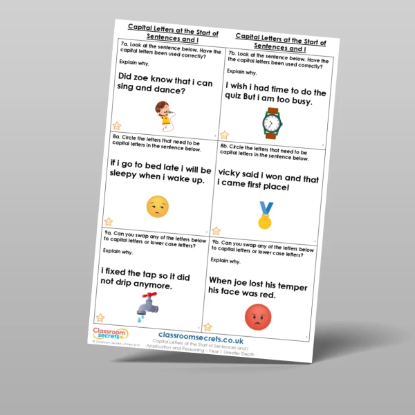 An image of the Capital Letters at the Start of Sentences and I Application and Reasoning Resource