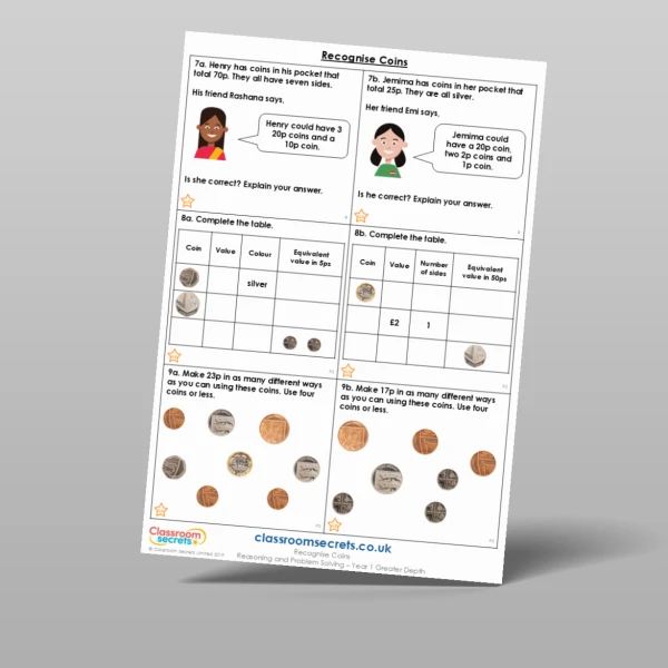 An image of the Recognise Coins Reasoning and Problem Solving Resource