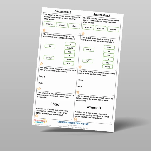 An image of the Apostrophes 1 Varied Fluency Resource