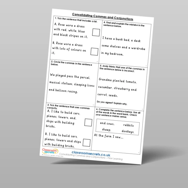 An image of the Consolidating Commas and Conjunctions Prior Learning Resource