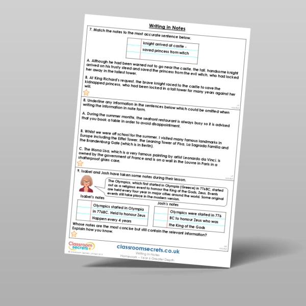 An image of the Writing in Notes Homework Resource