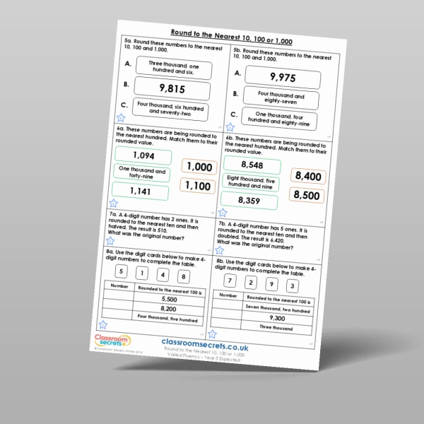 An image of the Round to the Nearest 10, 100 or 1,000 Varied Fluency Resource