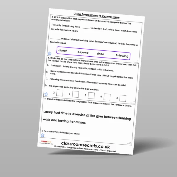 An image of the Using Prepositions to Express Time Homework Resource
