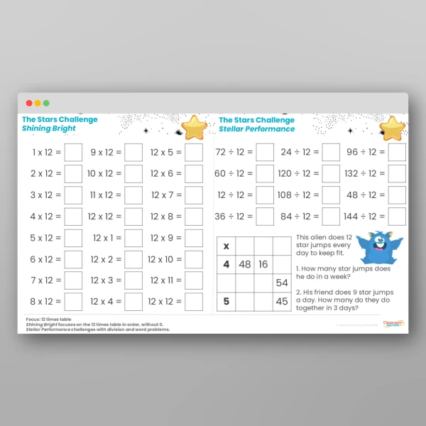 An image of the Challenge 11 The Stars 12 Times Table Resource