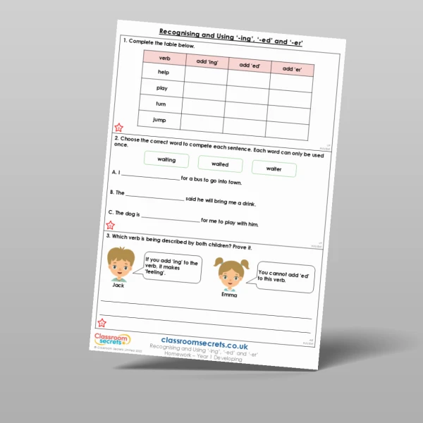 An image of the Recognising and Using '-ing', '-ed' and '-er' Homework Resource