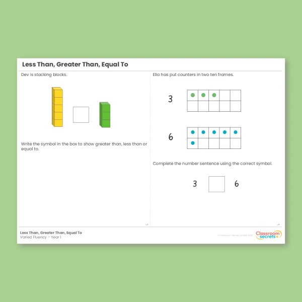 Year 1 Less than Greater than Equal to Place Value within 10 Varied Fluency