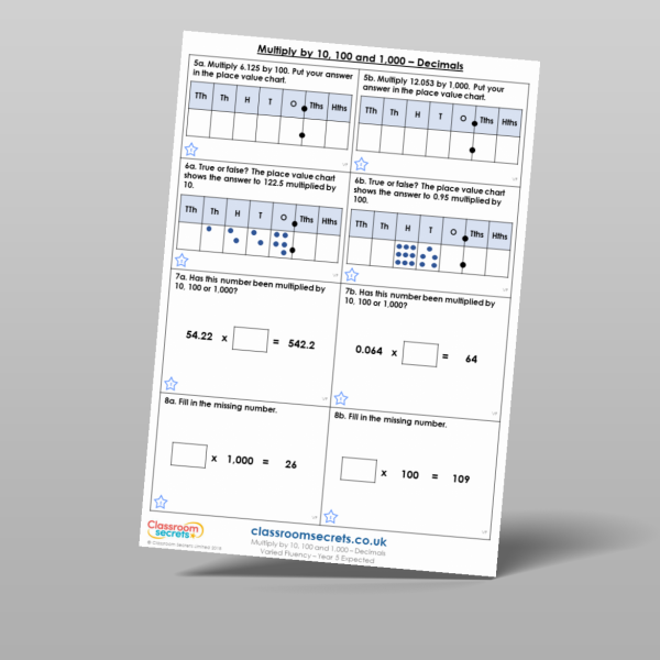 Year 5 Multiply By 10 100 And 1 000 Decimals Varied Fluency Resource ...