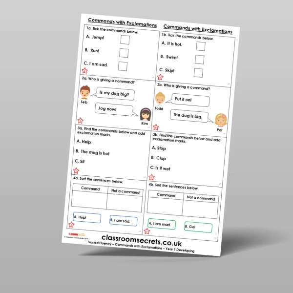 An image of the Commands with Exclamations Varied Fluency Resource