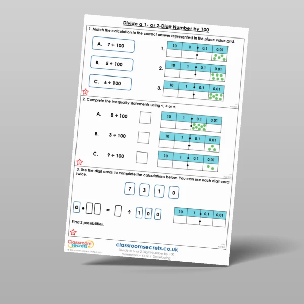 An image of the Divide a 1 or 2-Digit Number by 100 Homework Resource