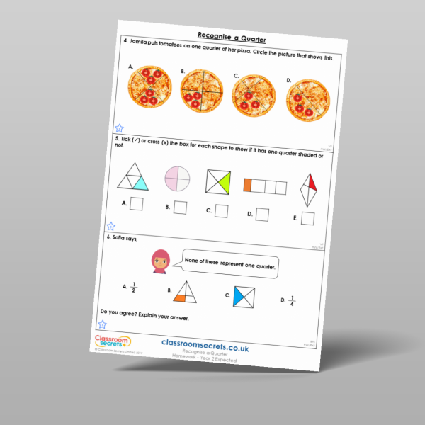 Year 2 Recognise A Quarter Homework Resource | Classroom Secrets