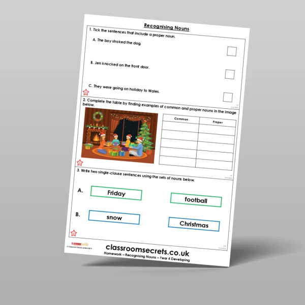 An image of the Free Recognising Nouns Homework Resource