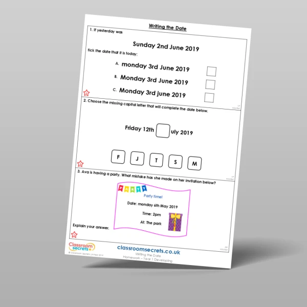 An image of the Writing the Date Homework Resource