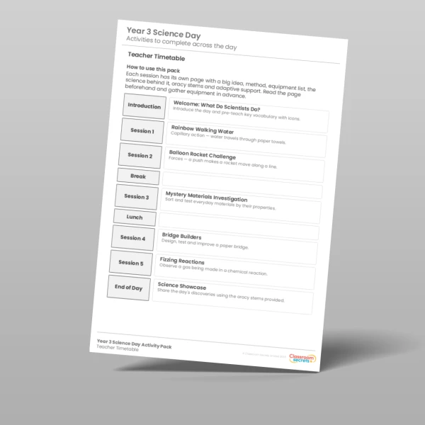 An image of the Science Day Timetable and Activity Pack Resource
