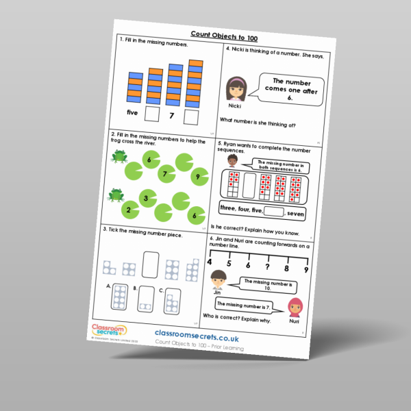 Year 2 count objects to 100 prior learning resource classroom secrets