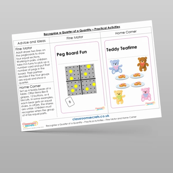 An image of the Recognise a Quarter of a Quantity Practical Activities Resource