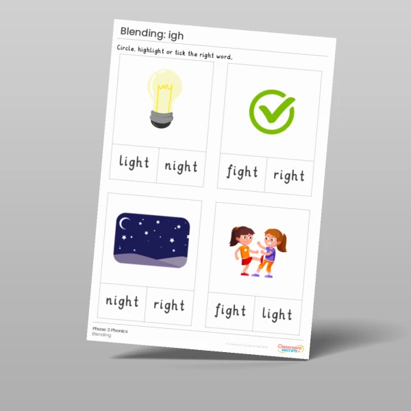 An image of the Phonics Blending Activities: igh Resource