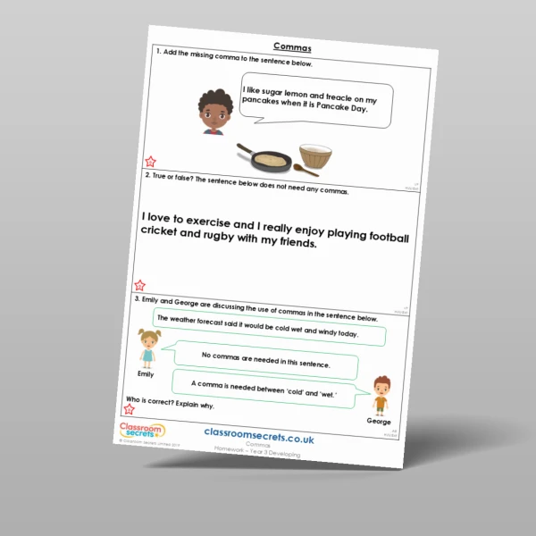 An image of the Commas Homework Resource