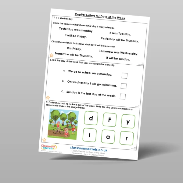 An image of the Capital Letters for Days of the Week Homework Resource