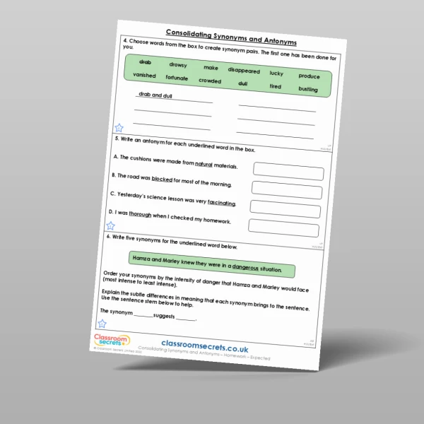An image of the Consolidating Synonyms and Antonyms Homework Resource