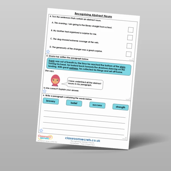 An image of the Recognising Abstract Nouns Homework Resource