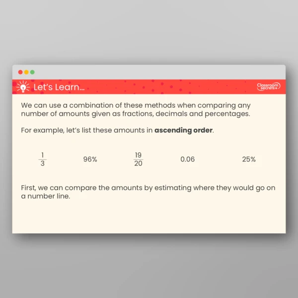 An image of the Order Fractions, Decimals and Percentages Teaching PPT Resource
