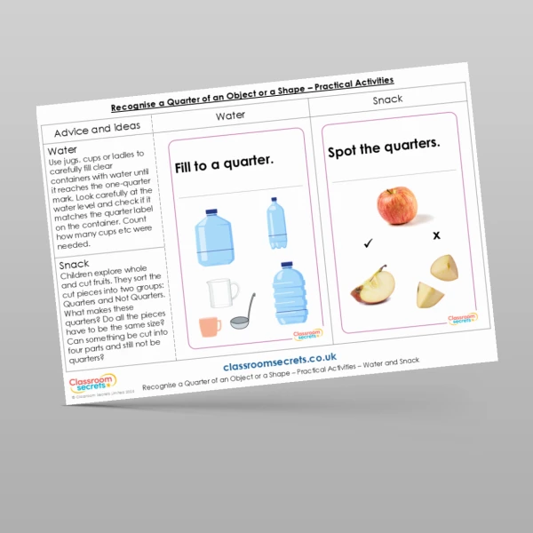 An image of the Recognise a Quarter of an Object or a Shape Practical Activities Resource