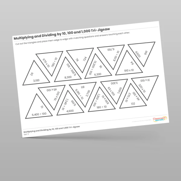 An image of the Multiplying and Dividing by 10, 100 and 1,000 Tri-Jigsaw Resource