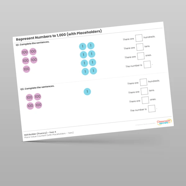 An image of the Represent Numbers to 1,000 Place Value Counters (with Placheholders - Tens) Skill Builder Resource