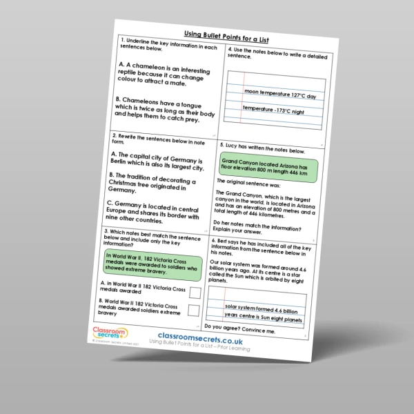 An image of the Using Bullet Points for a List Prior Learning Resource