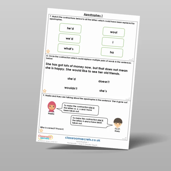 An image of the Apostrophes 1 Homework Resource