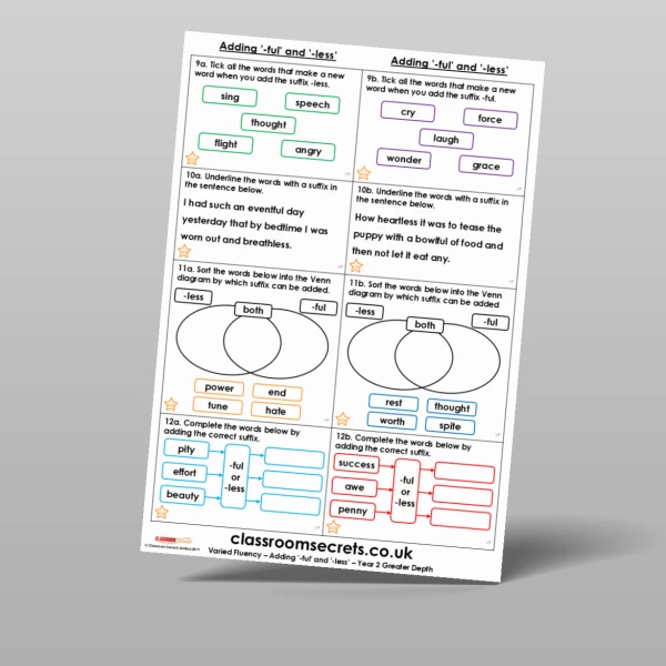 An image of the Adding '-ful' and '-less' Varied Fluency Resource