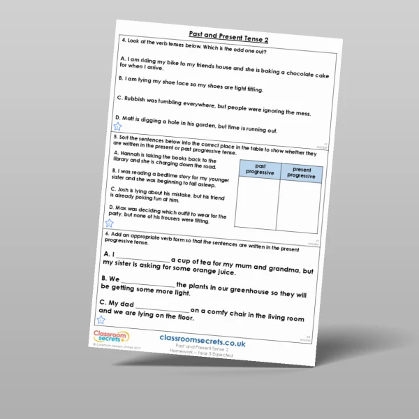An image of the Past and Present Tense 2 Homework Resource