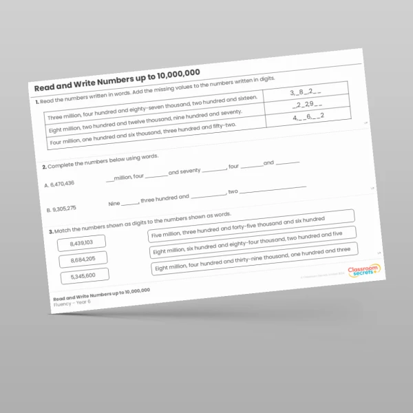 An image of the Read and Write Numbers up to 10,000,000 Fluency Resource