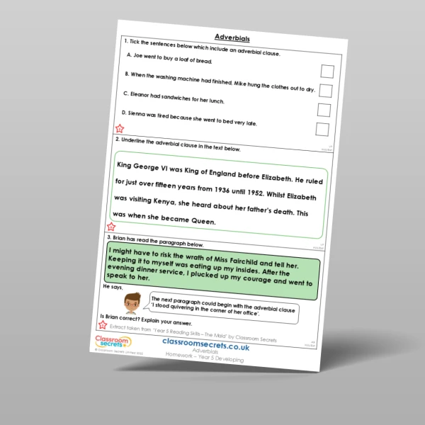 An image of the Adverbials Homework Resource