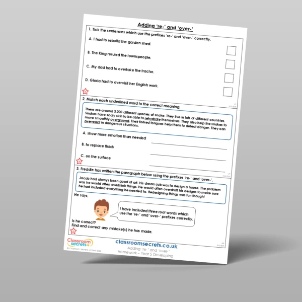 An image of the Adding 're-' and 'over-' Homework Resource