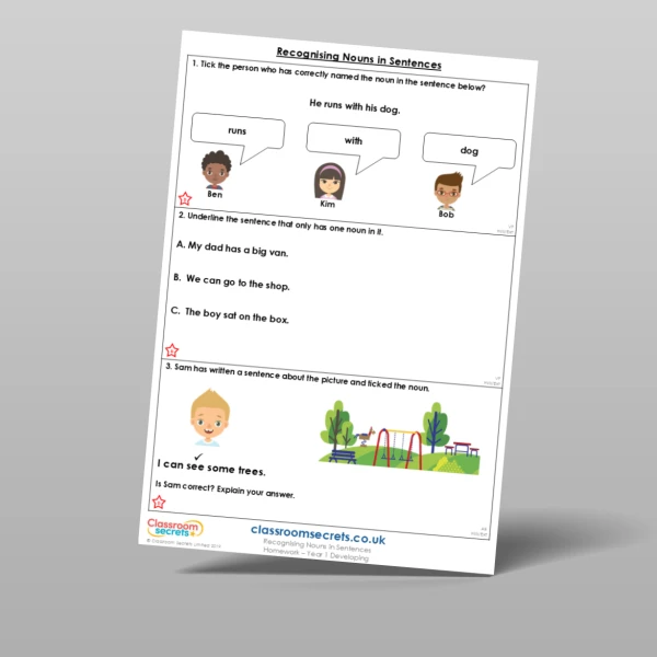 An image of the Recognising Nouns in Sentences Homework Resource