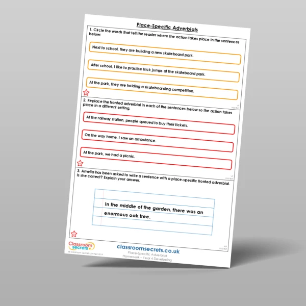 An image of the Place-Specific Adverbials Homework Resource